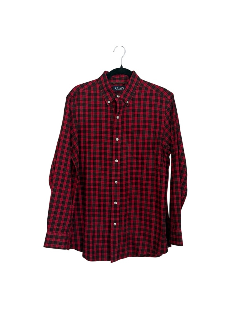 Chaps Men’s Long Sleeve Red and Black Plaid Button-Down Shirt Sz M GUC